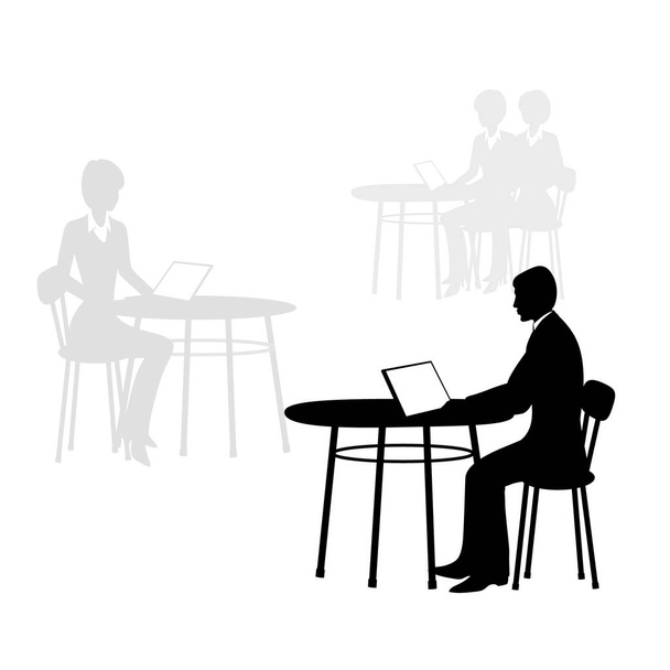 Бизнесмен сидит за столом с компьютером, разговаривает с коллегами
. - Вектор,изображение