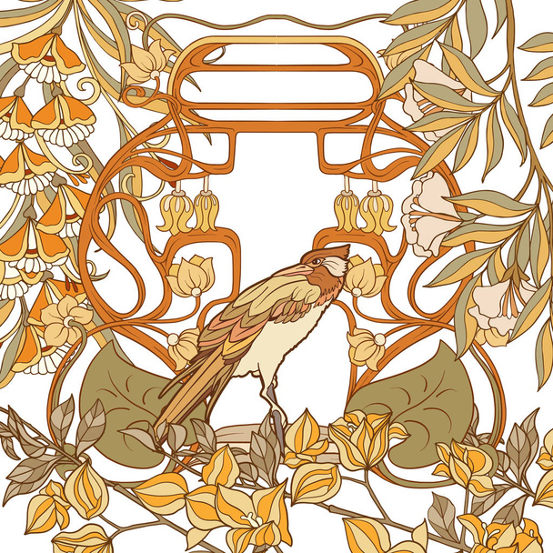 Cartaz, fundo com flores decorativas e pássaro em estilo art nouveau, vintage, velho, estilo retro
.  - Vetor, Imagem