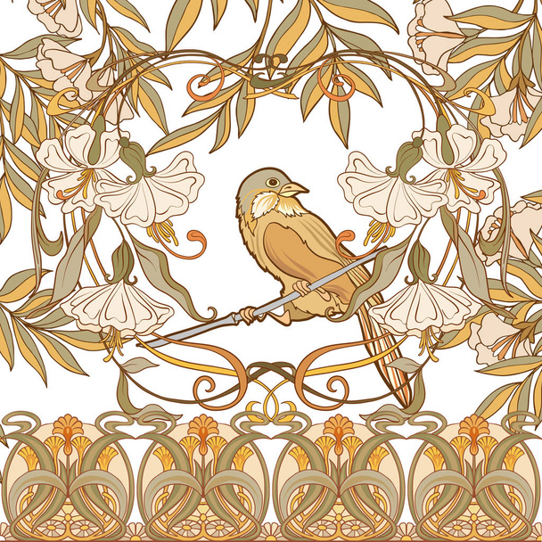 Poster, background with decorative flowers and bird in art nouveau style, vintage, old, retro style.  - Vector, imagen
