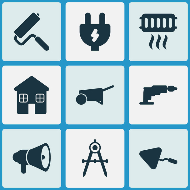 Construction icons set with cushion builder, screwdriver, horn and other megaphone elements. Isolated vector illustration construction icons. - Vector, Image