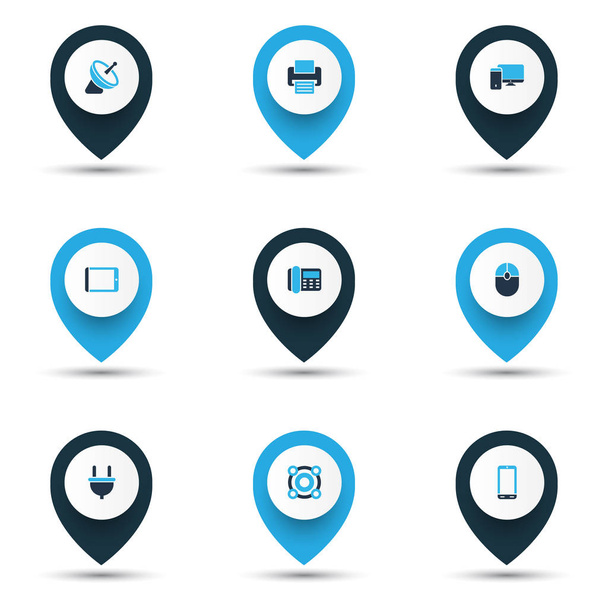 Device icons colored set with satellite, computer, cable and other smartphone elements. Isolated vector illustration device icons. - Vector, Imagen