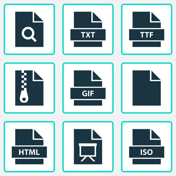 File icons set with ttf, iso, archive and other format elements. Isolated vector illustration file icons. - Vector, Image