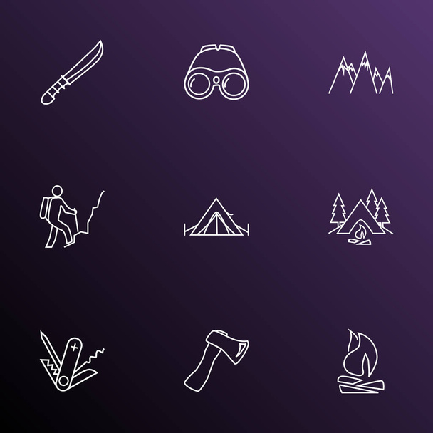 Camping icons line style set with tent, camping, axe and other campfire elements. Isolated vector illustration camping icons. - Vector, Image