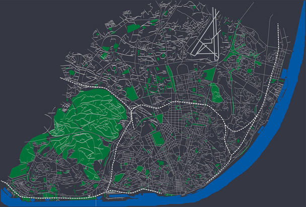 Lisszabon, Portugália-utak és utcák hálózati éjszakai változat vektoros Térkép - Vektor, kép
