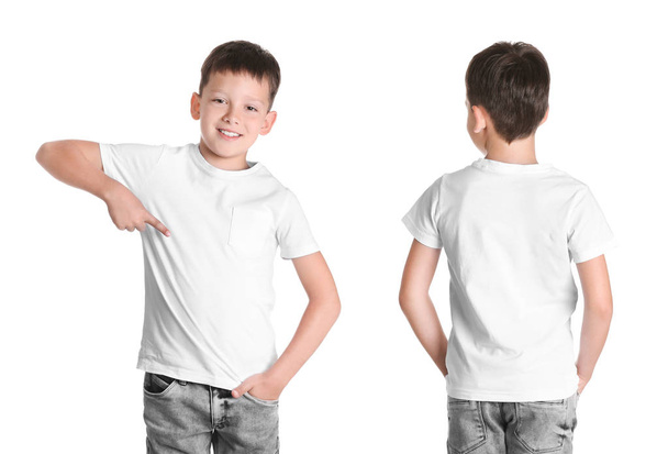 Front and back views of little boy in blank t-shirt on white background. Mockup for design - Foto, imagen