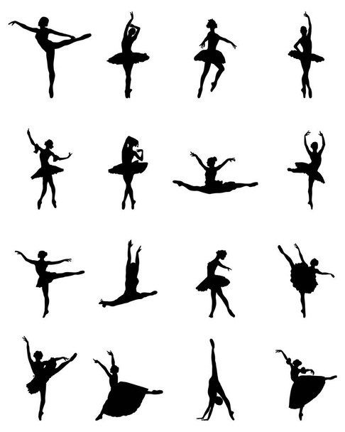 Siluetas negras de bailarinas sobre fondo blanco
 - Vector, Imagen
