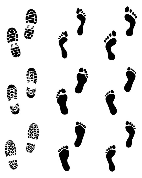 Черные отпечатки человеческих ног и обуви, векторная иллюстрация
 - Вектор,изображение
