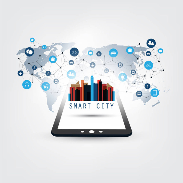 Smart City, Concept de conception de l'Internet des objets avec tablette PC et icônes - Connexions de réseau numérique, Contexte technologique
 - Vecteur, image