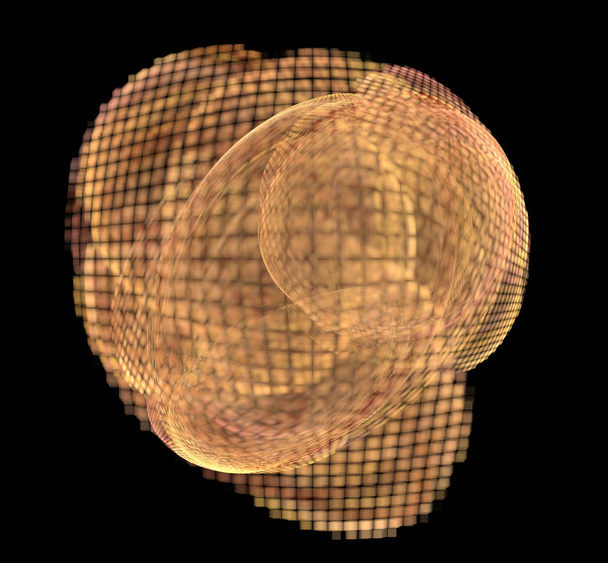Esfera de pixel laranja e dourada colorida abstrata sobre fundo preto. Textura fractal de fantasia. Arte digital. Renderização 3D. Imagem gerada por computador
 - Foto, Imagem