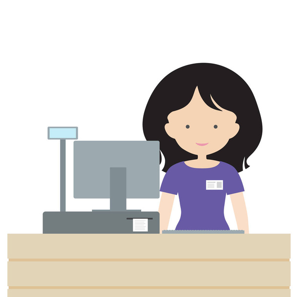Nuori nainen seisoo myymälässä myyjä tiskin takana, myynti ja hymyilee asiakkaille vektori tasainen muotoilu
 - Vektori, kuva