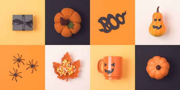Halloween holiday concept with jack o lantern pumpkins and decorations. View from above. Flat lay - Photo, image