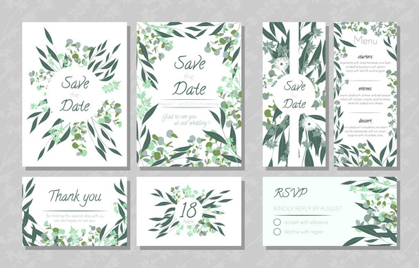 Cartões de casamento com eucalipto
. - Vetor, Imagem