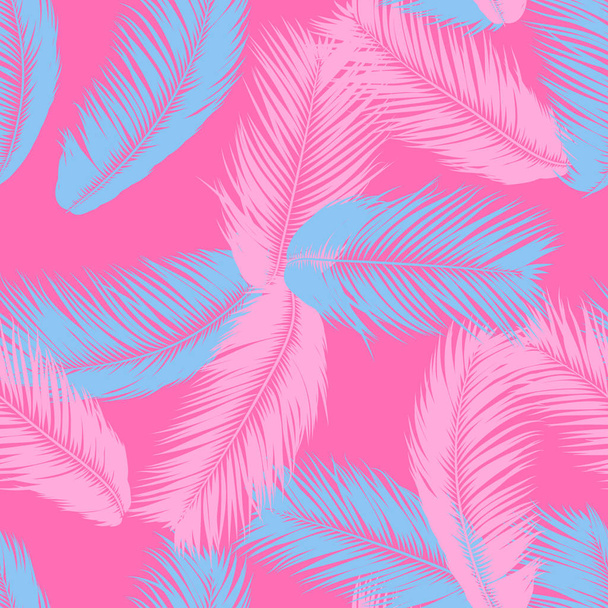 Feathers Seamless Pattern. Tropical Background. Jungle Foliage in Pastel Color Design. Abstract Exotic Wallpaper with Palm Leaves. Pink Feathers for Design, Cloth, Fabric, Textile. EPS10 Vector. - Vetor, Imagem