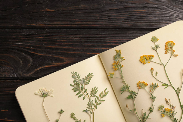 Wild dried meadow flowers in notebook on wooden background, top view - Foto, Imagem