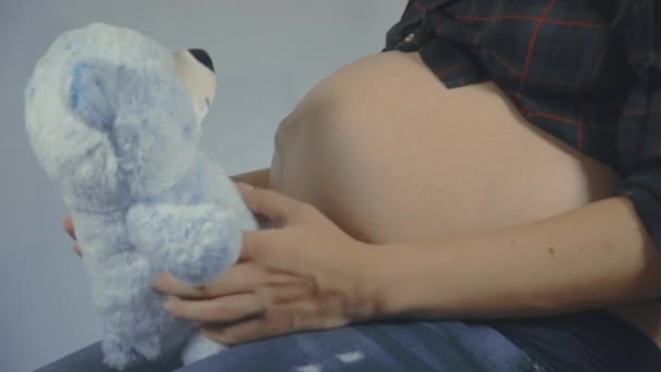 Mujer embarazada de niño sosteniendo osito de peluche cerca del vientre jugando
. - Imágenes, Vídeo
