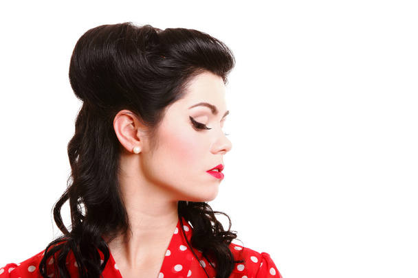 profile, pin-up girl make-up and vintage hairstyle - Zdjęcie, obraz