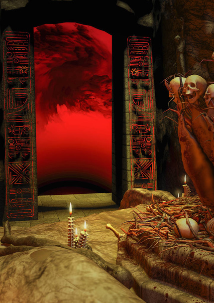 ein Eingang in die Hölle mit rotem Himmel, Symbolen, Totenköpfen und Kerzen. - Foto, Bild
