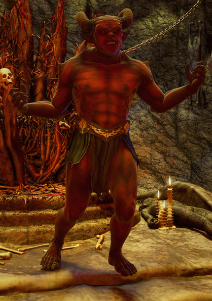 Portrait of a red demon with horns with an infernal throne behind him.  - Photo, Image