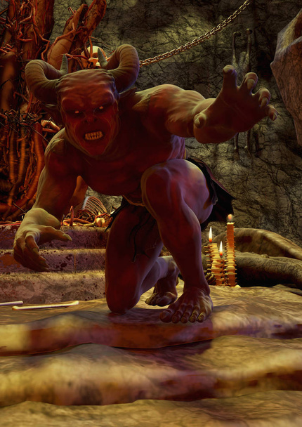 Portret van een rode demon met hoorns proberen te vangen van iemand. - Foto, afbeelding