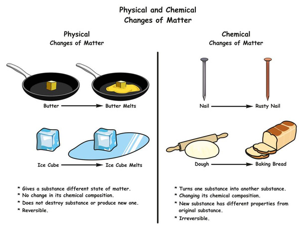 Fizyczne i chemiczne zmiany sprawy infografikę schemat porównania z przykładami dla każdego jeden tym kostki masła i lód stopić zardzewiały gwóźdź i ciasta na chleb dla nauki - Wektor, obraz