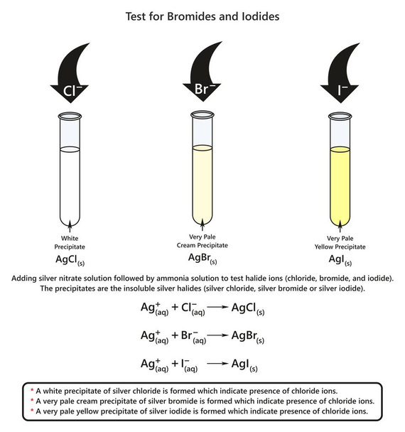 La prueba para el diagrama infográfico de bromuro y yoduro que muestra un experimento de laboratorio indica la presencia de bromuro de cloruro e iones de yoduro para la educación en ciencias químicas
 - Vector, Imagen
