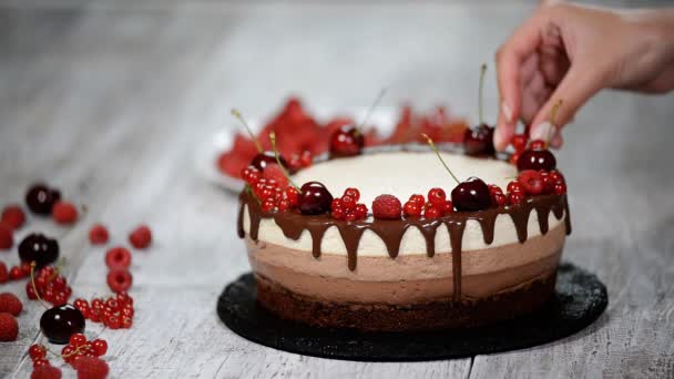 Gâteau mousse chocolat triple décoré de baies fraîches
. - Séquence, vidéo