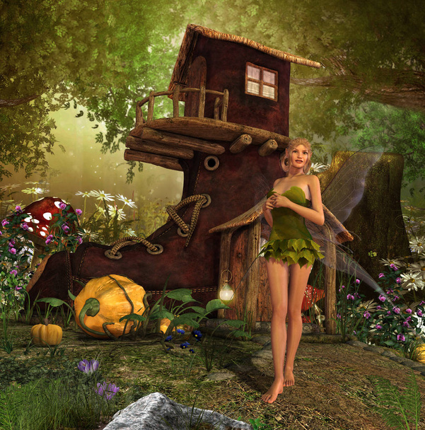 Een magische fee thuis in een gigantische bagageruimte verborgen in het bos, 3d render - Foto, afbeelding