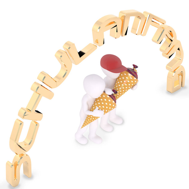 Schulanfang letras de oro con niños y zuckertueten
 - Foto, imagen