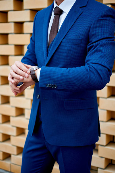 Businessman style. Men style. Man in custom tailored business suit posing outdoors - Fotó, kép