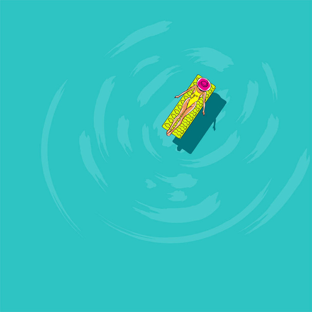 A woman in a yellow swimsuit swims on a mattress - Vector, Image