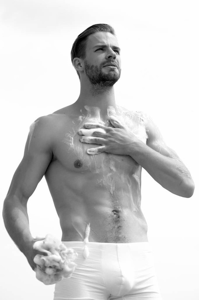 Unshaved macho wearing white underwear. Male body with sexy torso - Foto, Imagem