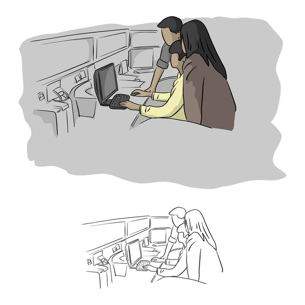 コンピューター ルームのベクトル図に男を支援二人白い背景で隔離の黒い線で描かれた落書きの手をスケッチします。 - ベクター画像
