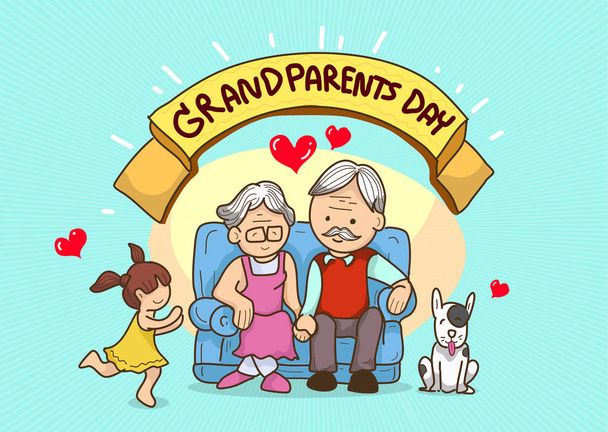 γελοιογραφία παππούδες με αγάπη το παιδί και σκύλος, multi χρώμα, brigth χρώμα φόντου - Διάνυσμα, εικόνα