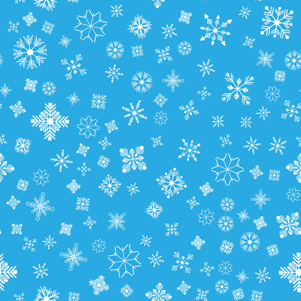 Illustrazione vettoriale. Schema senza soluzione di continuità. Fiocchi di neve bianchi su sfondo blu. per carta da imballaggio - Vettoriali, immagini