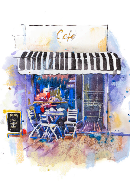 Malownicze krajobrazy miejskie ulicznych kawiarni akwarela, ilustracja - Zdjęcie, obraz