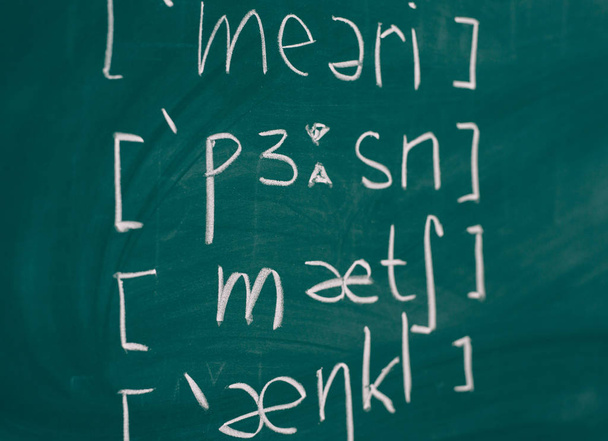 Μελέτη Αγγλικά μάθημα κλάση μαυροπίνακα σχολείο διεθνές φωνητικό αλφάβητο. - Φωτογραφία, εικόνα