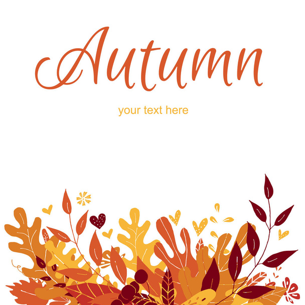 Cartão de saudação de outono com folhas. Elementos para o design. Buquê de outono. Design simples desenhado à mão
. - Vetor, Imagem