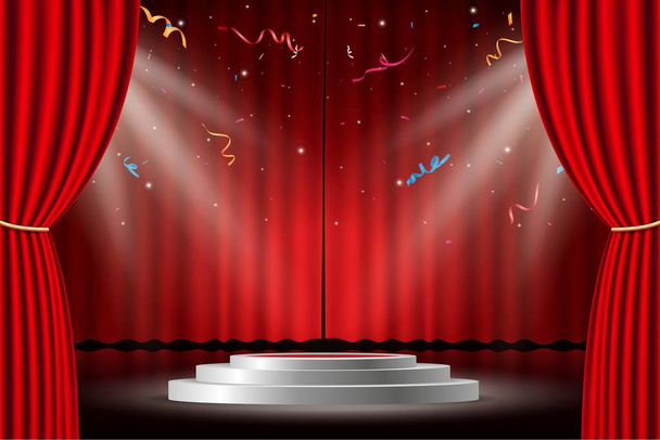Векторная иллюстрация красного занавеса с белой сценой и конфетти
 - Вектор,изображение