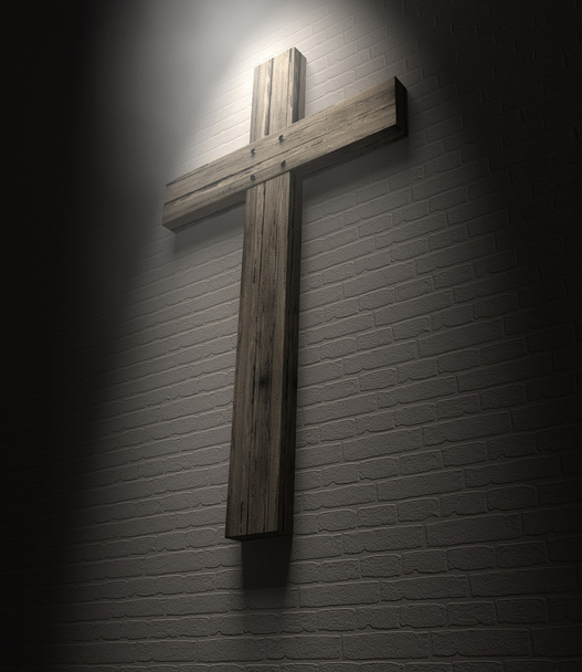 Σταυρός σε έναν τοίχο κάτω από τα φώτα της δημοσιότητας - Φωτογραφία, εικόνα