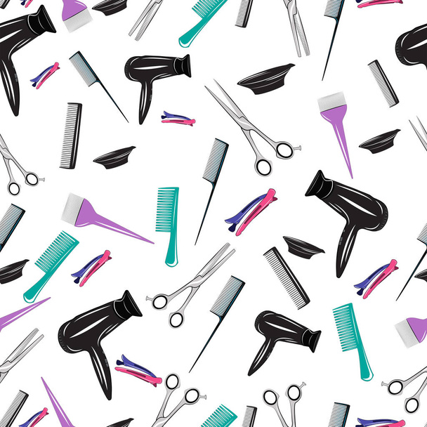 Muster, Werkzeuge für die Arbeit als Friseur. Vielfarbiges Muster für Design - Vektor, Bild
