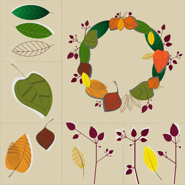 Sada přírodních prvků (listí, větve) s příklad vytvoření dekorativní věnec - Vektor, obrázek
