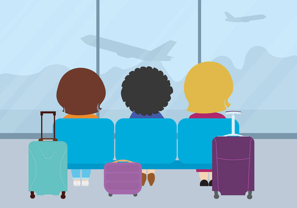 Płaska konstrukcja ilustracja trzech ludzi siedzi na siedzeniach w hali lotniska z bagażem i walizki i oczekiwanie na samolot. Podróży na wakacje. Wektor - Wektor, obraz