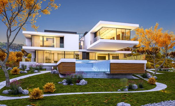 3D-Rendering von modernen gemütlichen Haus am Fluss mit Garage zum Verkauf oder zur Miete mit schönen Bergen im Hintergrund. kühler Herbstabend mit weichem Licht aus dem Fenster. - Foto, Bild