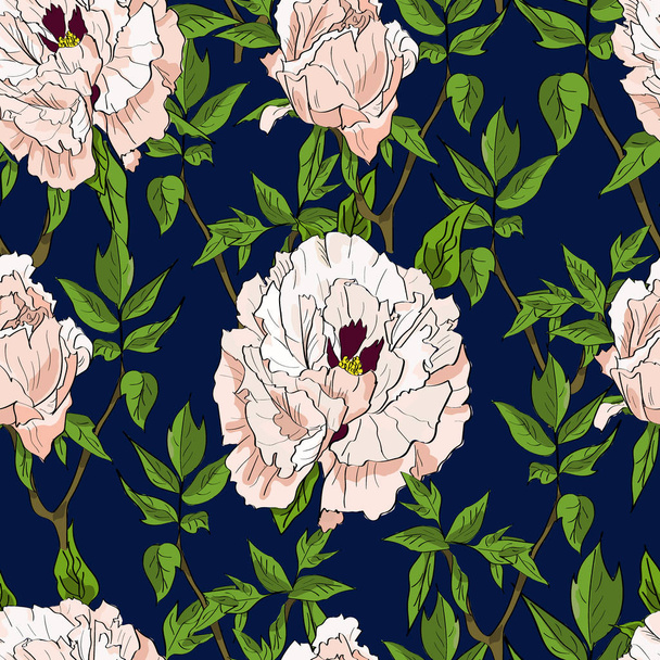 Florales nahtloses Muster mit weißen Pfingstrosen und Blättern auf dunkelblauem Hintergrund. Handgezeichnete Illustration. - Vektor, Bild