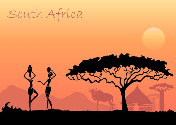 人々、動物や木々 のシルエットを持つアフリカの日没の風景 - ベクター画像