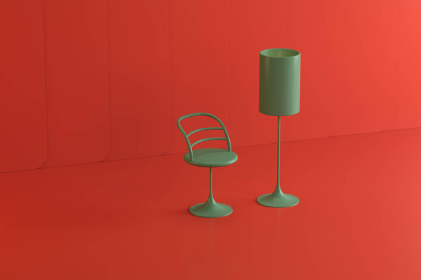 Grünes Interieur im Studio auf rotem Hintergrund, Banner für die Website - Foto, Bild