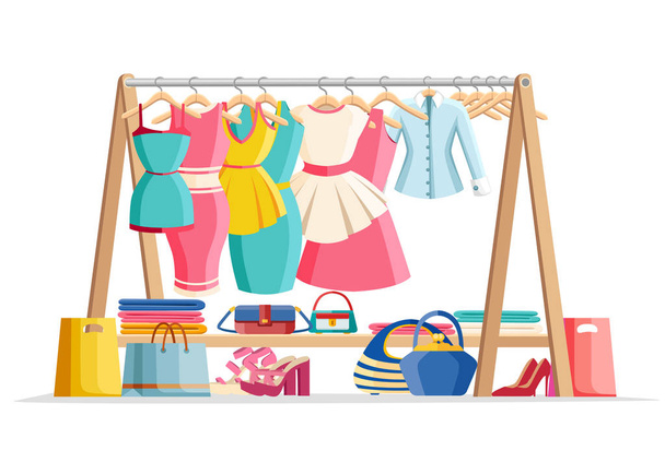 Wooden hanger rack with female clothes and handbags with shoes on floor. Casual garment. Everyday outfit sale concept. Flat style vector illustration isolated on white background. - Vector, Image