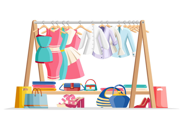 Wooden hanger rack with female clothes and handbags with shoes on floor. Casual garment. Everyday outfit sale concept. Flat style vector illustration isolated on white background. - Vector, Image