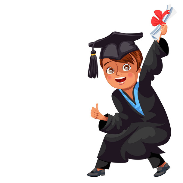 Class of 2018 congrats colorful flat poster with happy cheerful graduate in gown and cap vector illustration. Smiling boy holding diploma in hand and showing thumb up sign. Graduation day concept. - Vector, Image