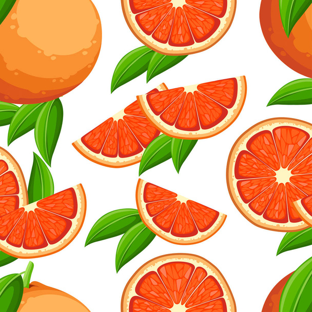 Naadloze patroon. Grapefruit met groene bladeren en segmenten van grapefruit. Vectorillustratie in vlakke stijl. Decoratieve poster, embleem natuurproduct, boerenmarkt. Witte achtergrond. - Vector, afbeelding